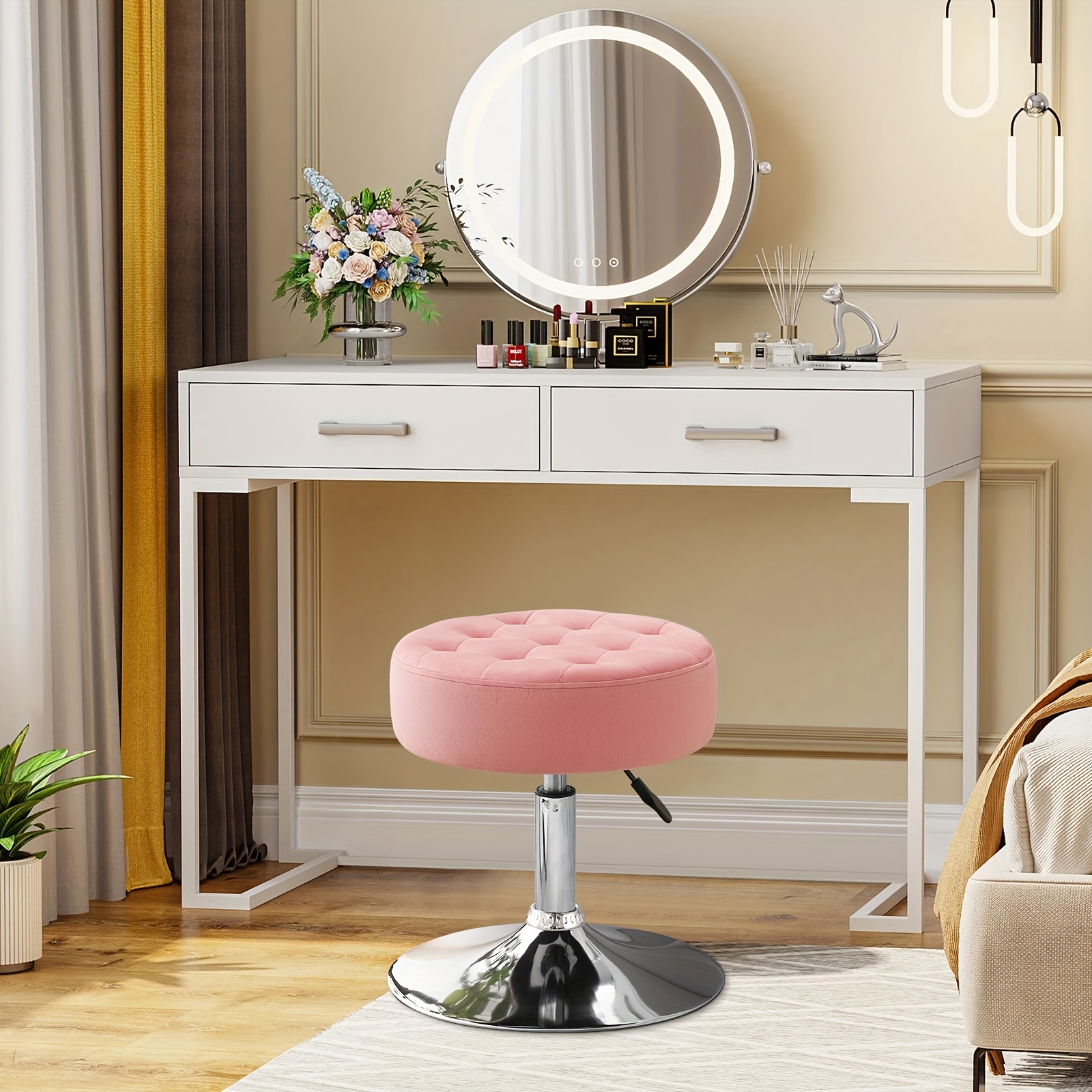 

Modern Round Velvet With Tufted Design – Pink Upholstery, Adjustable Height, Hardwood Base, Bedroom, Living Room, Or Vanity Area, Bedroom Vanity Stool | Elegant Design | Velvet Fabric