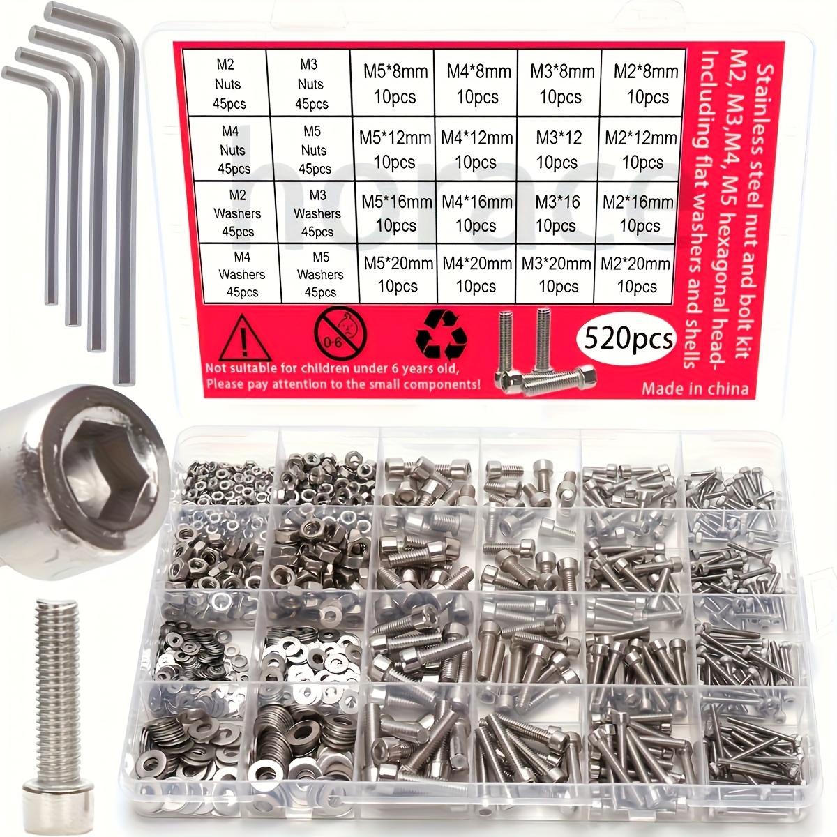 E-shop 520-teiliges Edelstahl-Sechskantmutter- Schraubenset - M2, M3, M4, M5, Sechskantkopf - Inklusive Unterlegscheibe (Schlüssel)