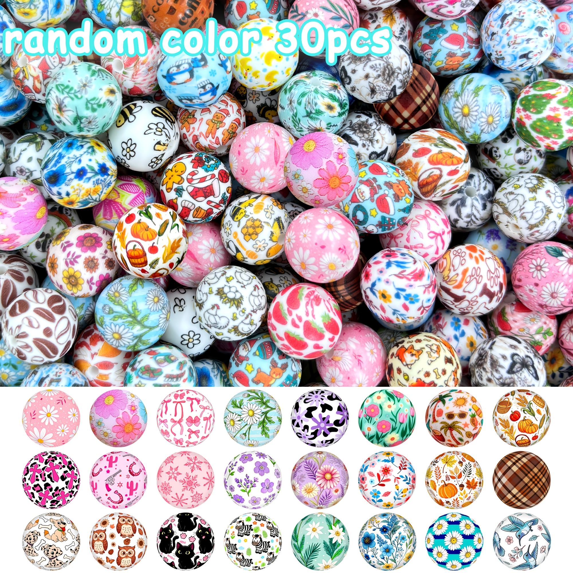 TEMU 30pcs Random Style Printed Silicone Beads, 15mm Silicone Beads Wholesale, 3d Flower/animal/plant/halloween/christmas Themed Round Beads, Beads