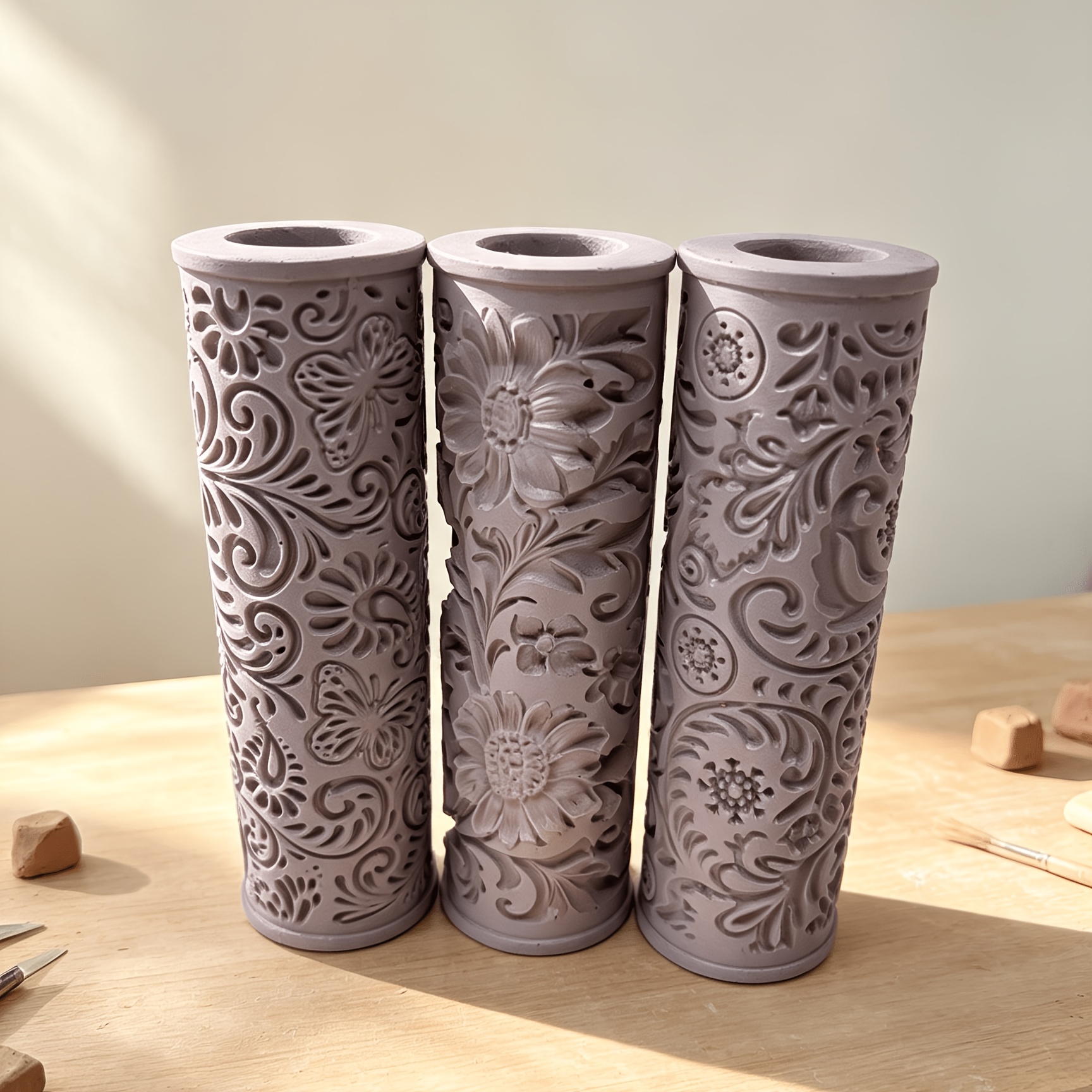 TEMU Ensemble de 3 moules à rouleaux pour poterie, céramique et artisanat - Outils d'art en plastique durable pour la décoration intérieure et la