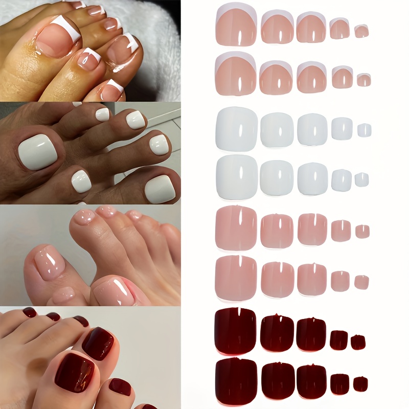 TEMU 96pcs/set (pink/white/red/white Handmade) Short Square Press-on Toenail Design Press-on Toenail Full Cover, 4 Smooth False Toenails For Feet,
