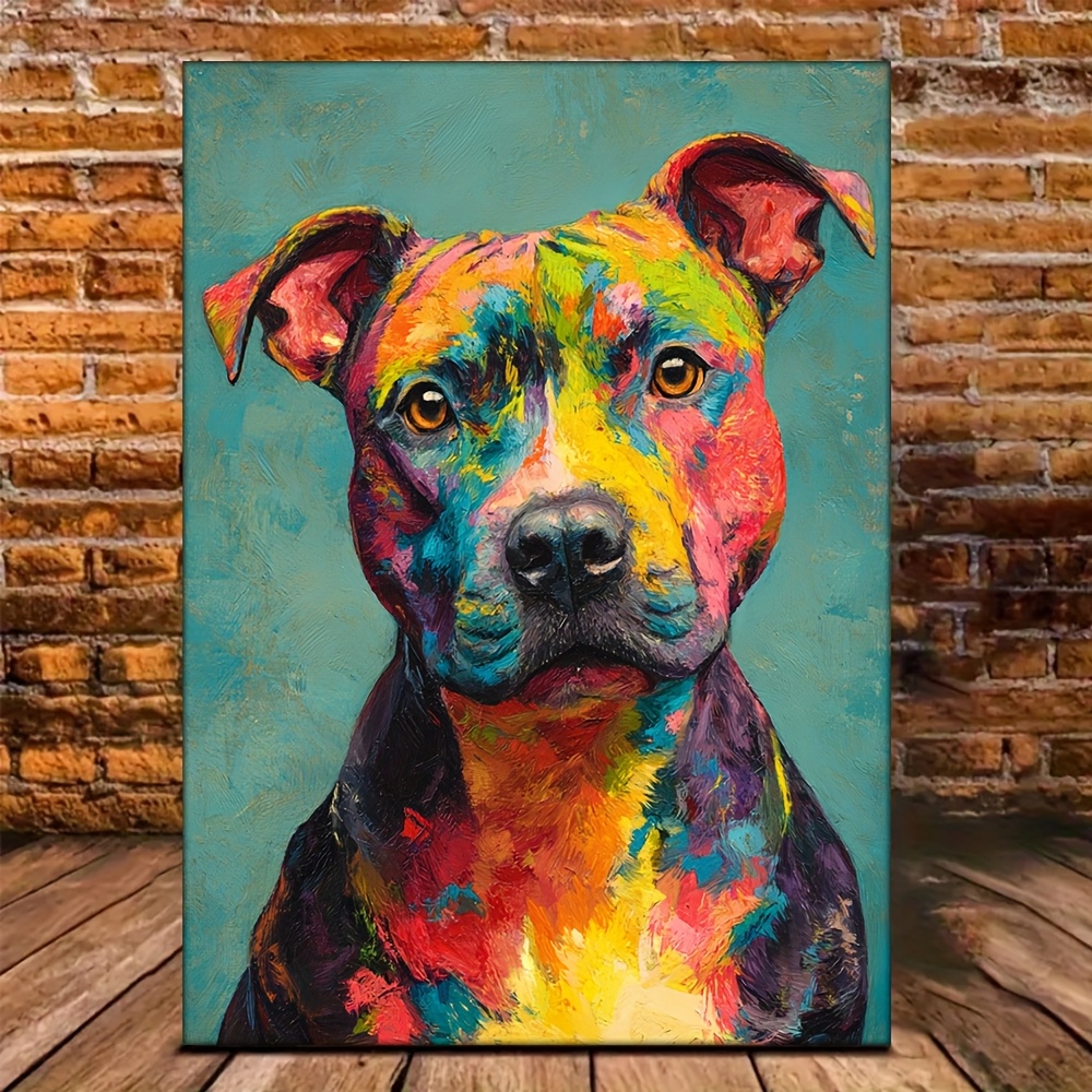 TEMU 2d Flat, 2d Flat, 1pc 2d Flat Staffordshire Bull Terrier Canvas Print | 12.0x16.0 Inch Colorful Portrait Art, Vibrant Wall Decor For Dog Lovers,