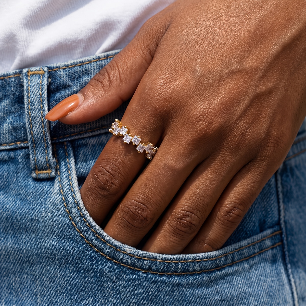 Women's Exquisite Misaligned Square Ring, Stylish Daily Accessory