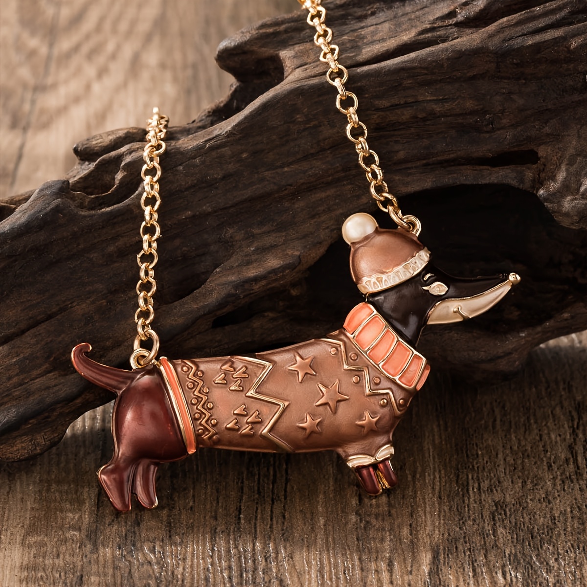Dachshund Dog Pendant Necklace with Enamel Hat