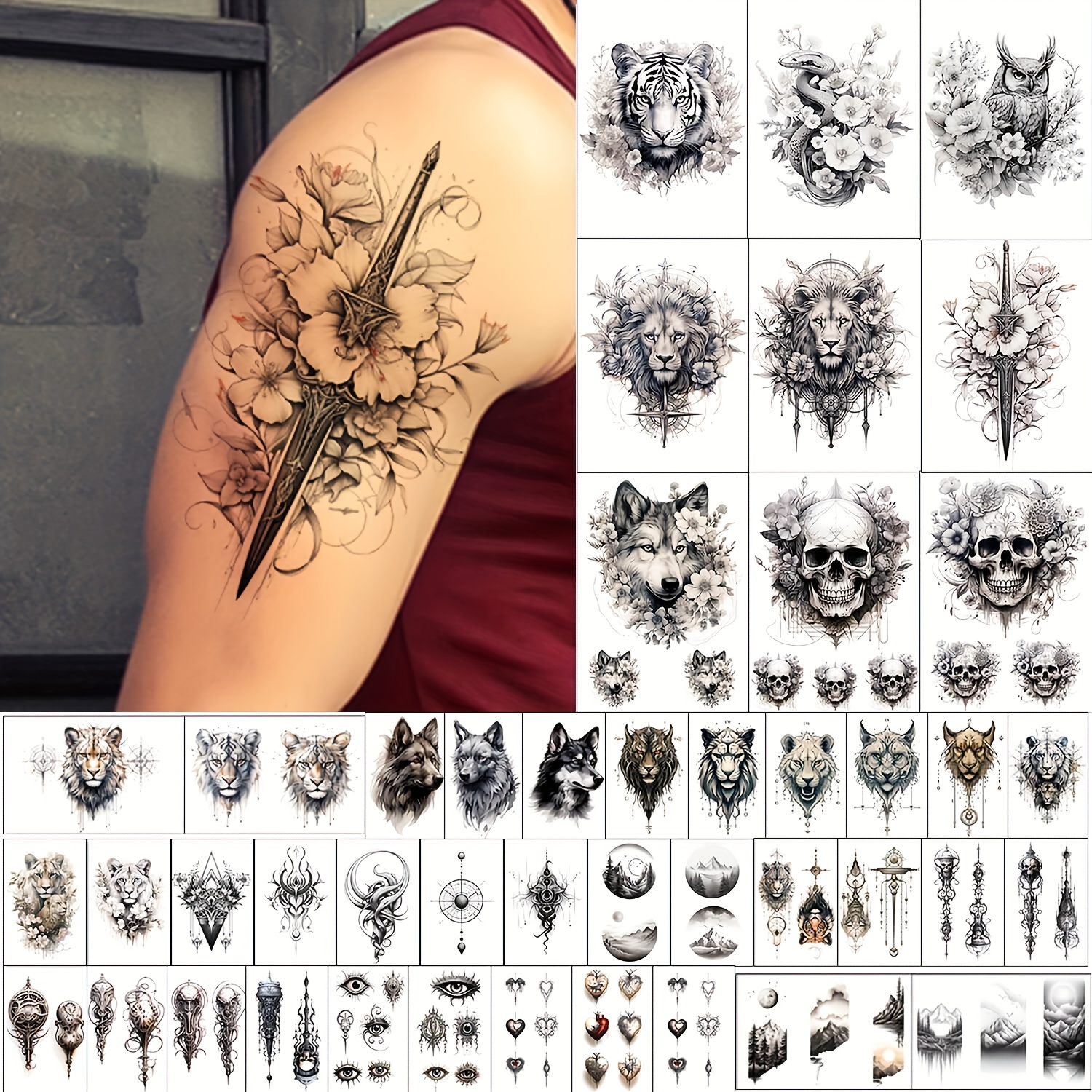 

44pcs Realistic Temporary Tattoos For Men - Large & Small, Long- Fake Tattoo Stickers With Animal Designs Including , Wolves, Tigers, - Ideal For Halloween & Casual Attire, Tattoo Supplies