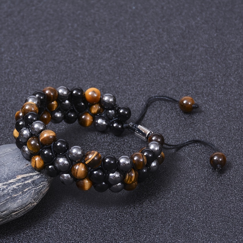 

Adjustable Triple-layer Beaded Bracelet For Women And Men - Fashionable Natural Stone Tiger Eye, Hematite, And Lava Beads, Handcrafted, No Plating