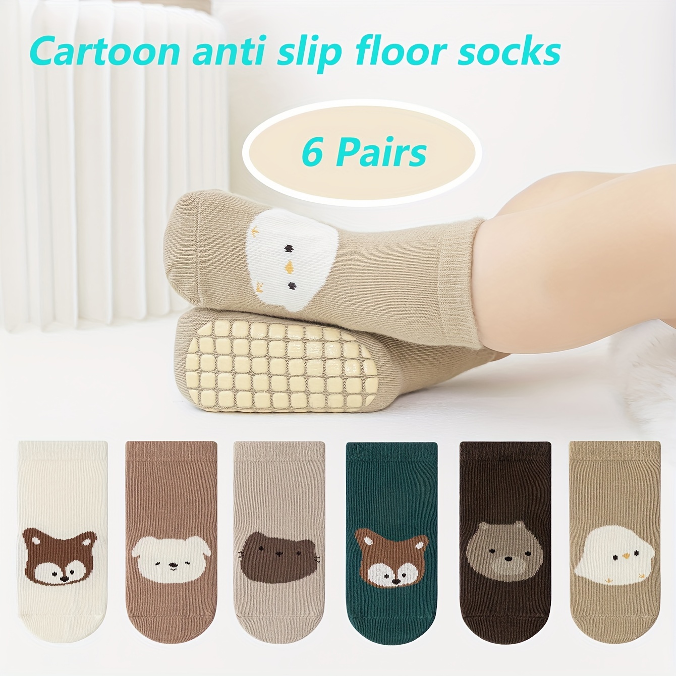 

6 paires de chaussettes antidérapantes en coton avec motif d'animaux de dessin animé pour tout-petits, chaussettes pour garçons et filles pour toutes les saisons.