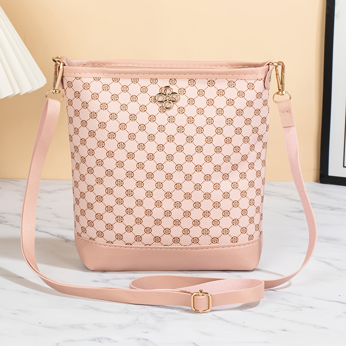 TEMU Retro Geometric Print Bucket Bag, Fashionable All-match Polka Dot Fabric Women's Crossbody Bag, Suitable For Daily , Large Capacity, Adjustable