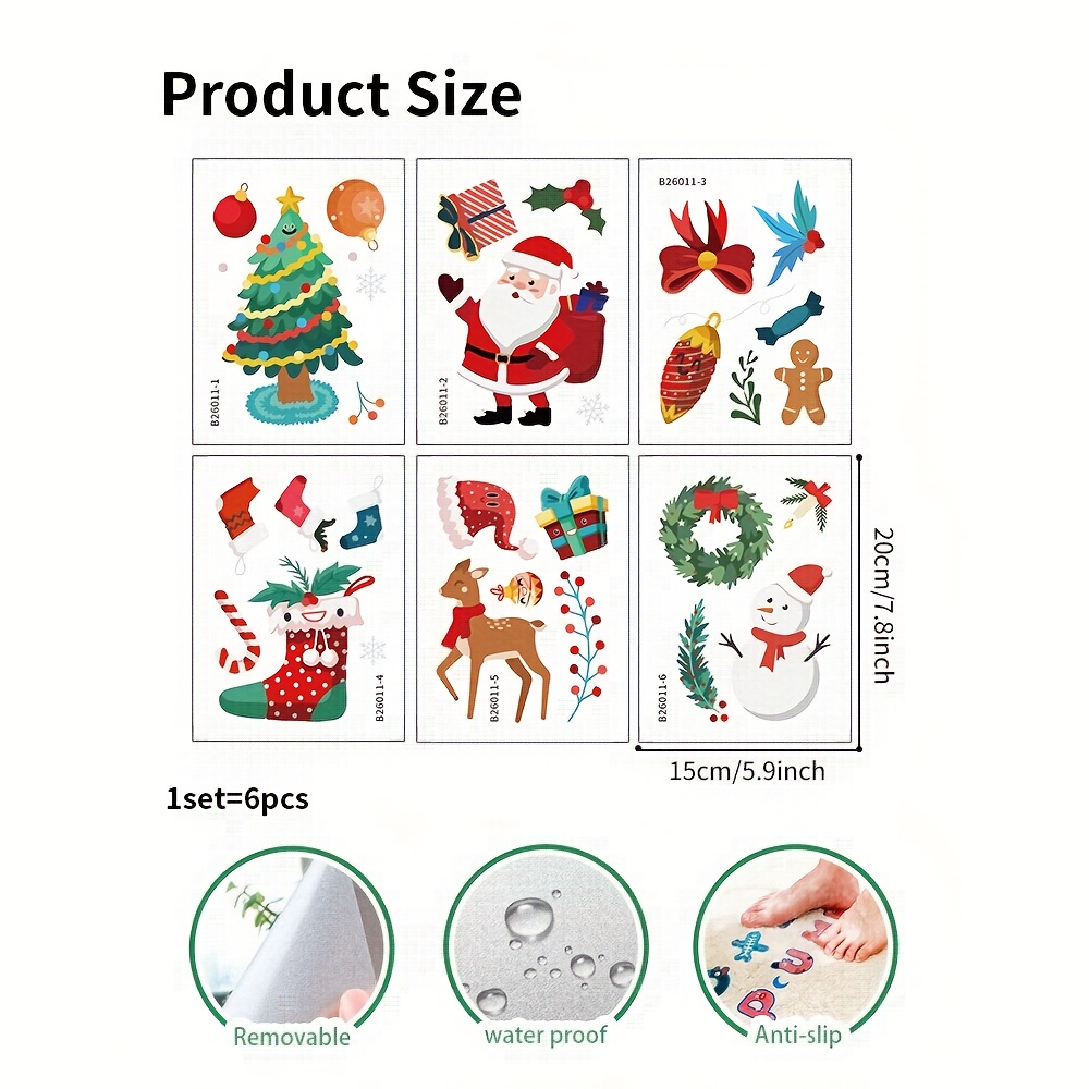 TEMU 6 Blatt 1 Set PVC Rutschfeste Badewannen Aufkleber, Badewannen Applikationen, Weihnachten Weihnachtsmann Rentier Lebkuchenmann Muster Abnehmbare