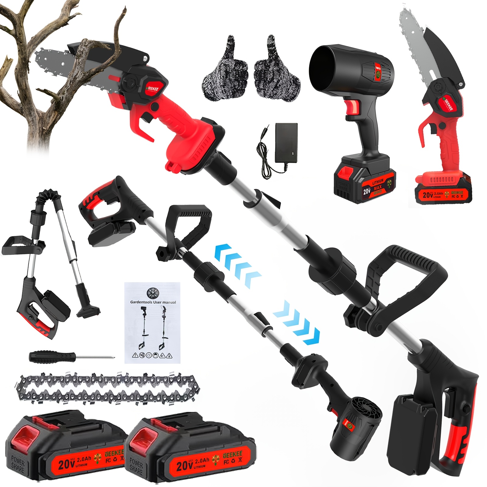TEMU Ueekee 3-in-1 20v Cordless Pole Saw Kit, Telescopic Trimmer + 6" Mini Chainsaw + Leaf Blower, With 2 Large Capacity Batteries, Ideal Gift For