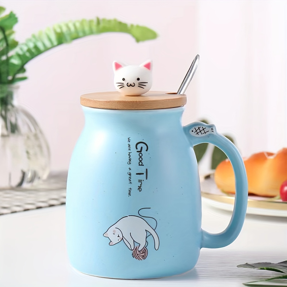 1 Lid 1 Spoon, Cute Cat Ceramic Mug With Lid And Spoon, Cartoon Water Cup For Breakfast And Milk, Holiday Gift 420ml