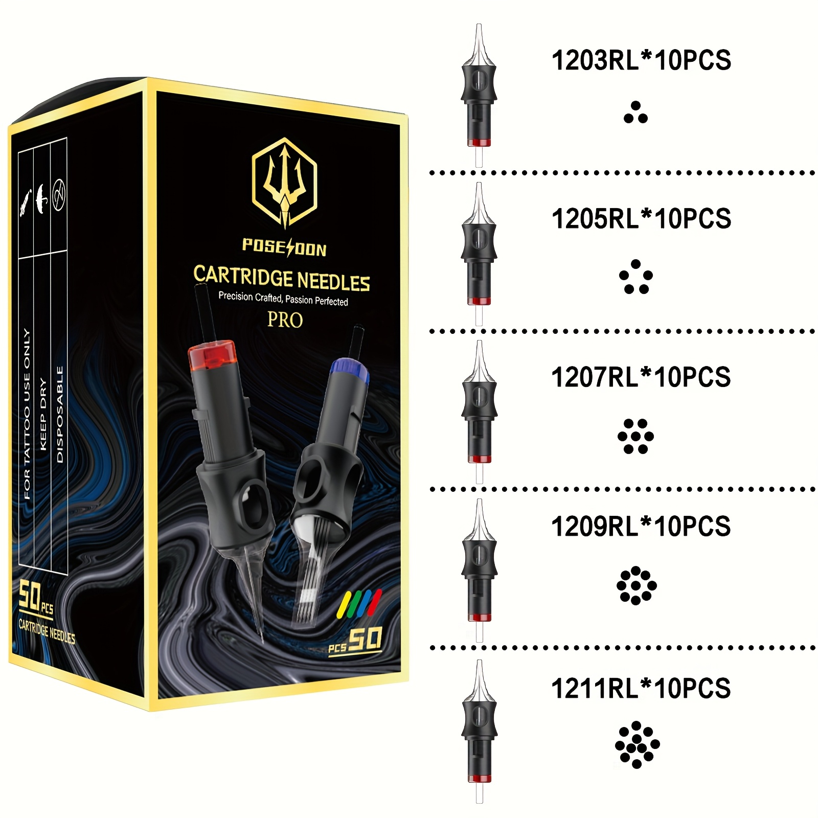 Image of Poseidon V5 Tattoo Cartridge Needles 50pcs Assorted Size Round Liner Shader Curved/round 3rl 5rl 7rl 9rl 11rl Disposable Tattoo Needles