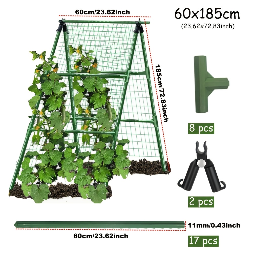 Image of Metal Garden Trellis Set For Raised Bed For Climbing Plants Outdoor-detachable Cucumber Climbing Trellis With Net Clips-garden For Cucumber Flowers Vegetables S(40x123cm)/m(60x185cm)