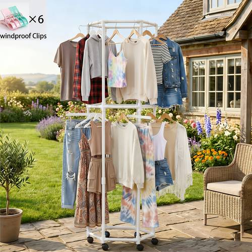 item picture rotating clothing rack with wheels heavy duty metal garment rack for hanging clothes multifunctional rotating clothing organizer freestanding closet organizer for bedroom laundry saving closet storage for coats dresses pants