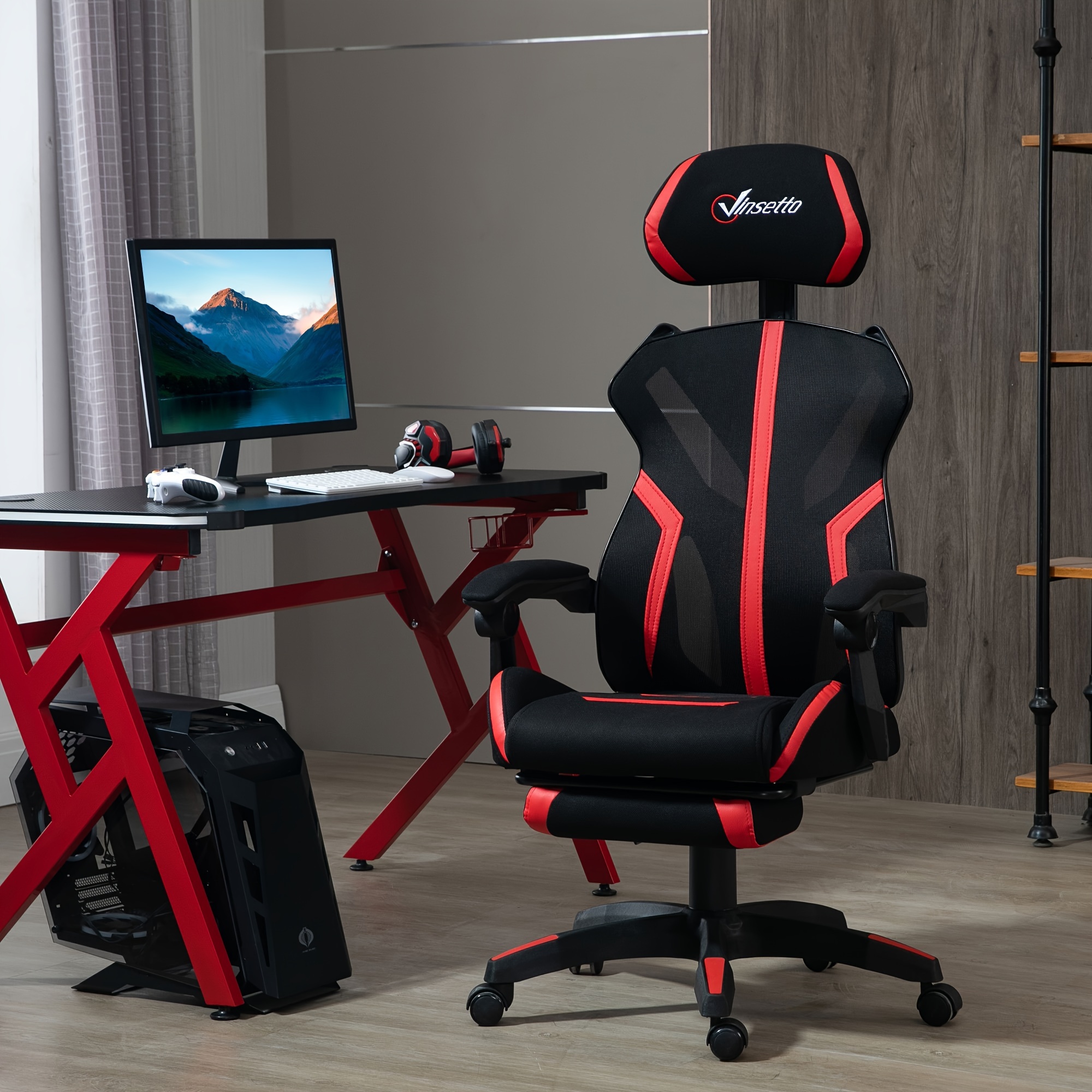TEMU Chaise de jeu de course, chaise de bureau en , chaise d'ordinateur à haut avec -pieds, soutien lombaire, roulettes pivotantes, hauteur réglable,