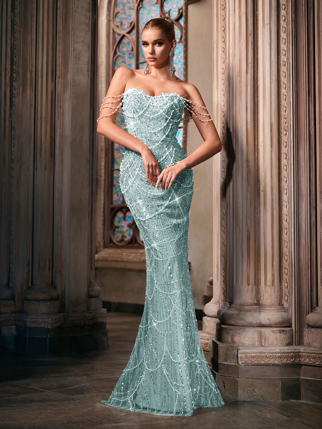 Women's Elegant One-Shoulder Formal gown - Mermaid Party dress with  Imitation Pearls & Sequins, Long train, Non-Transparent Luxury Evening  dress for Weddings * * - QOQ Luxury Evening wear, Gala Attire ...