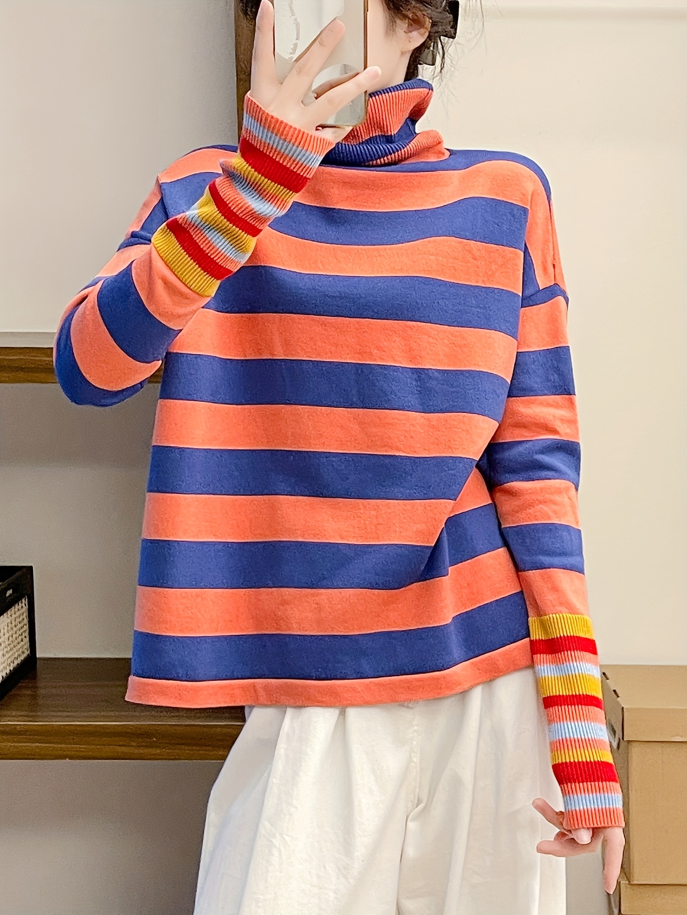 Damens Eleganter Gestreifter Pullover mit Regenbogen-Streifenärmeln  Übergroßer Langpullover für Damen Horizontale Streifen,