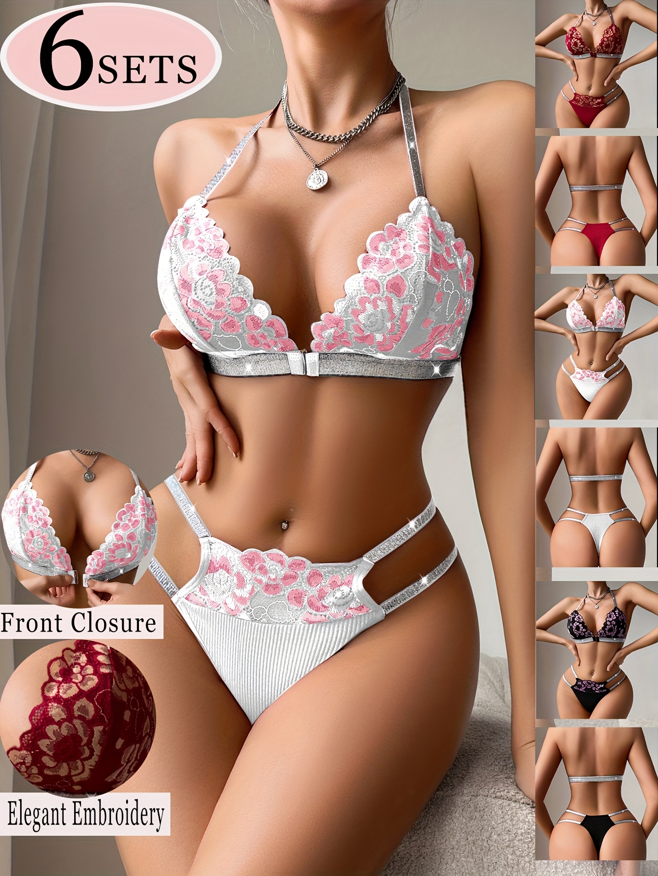 6 Sets Elegante Dameslingerie Sets – Halternek BH met Voorsluiting, Geborduurd – Stijlvolle Bikinibroekjes – Zacht, Ademend en Comfortabel – Perfect voor Valentijnsdag en Romantische Dates – Verfijnde en Dameslingerie en Slipjes