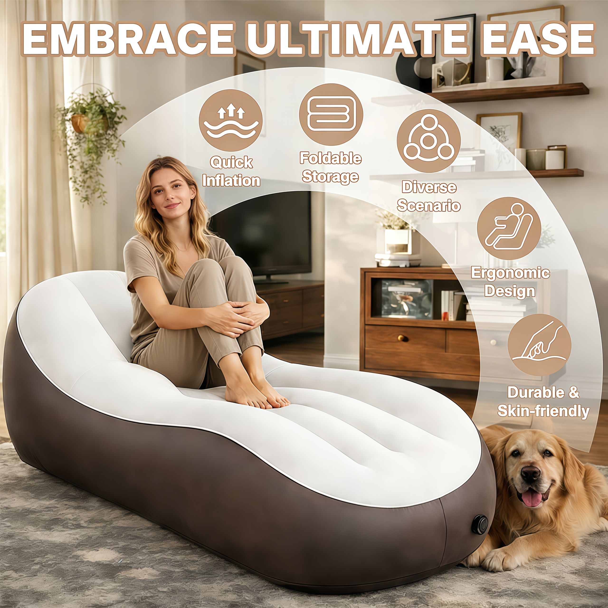 E-shop Wellenförmige aufblasbare Luftmatratze Liege, 3-in-1 Luftsofa Stuhl & Bett mit ergonomischer, gebogener Form, tragbares aufblasbares Bett zum