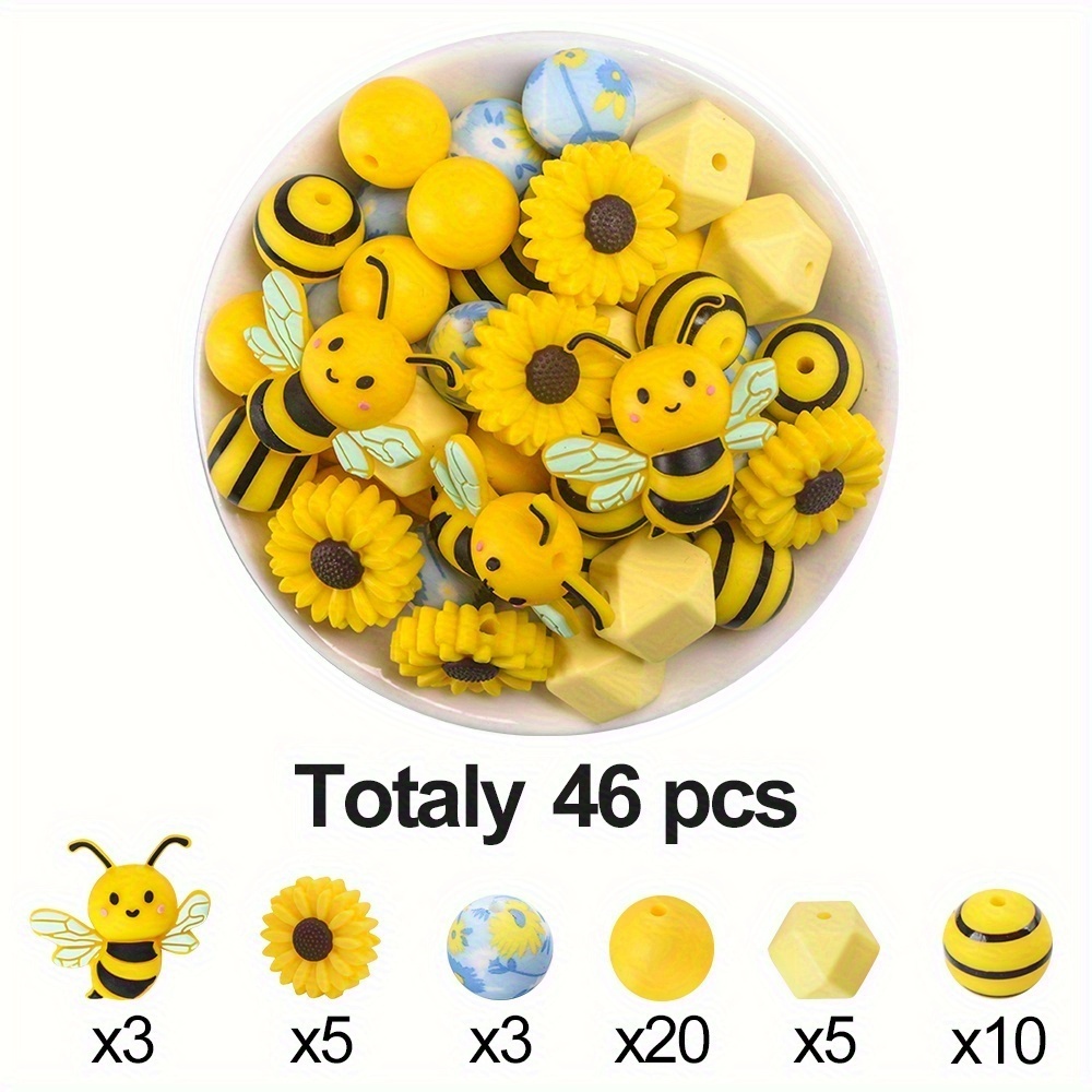 A Collection Of 46 Decorative Silicone Beads Featuring Bees And Daisies, Perfect For Bracelets, Pen Pendants, And…: retailer-supplied image