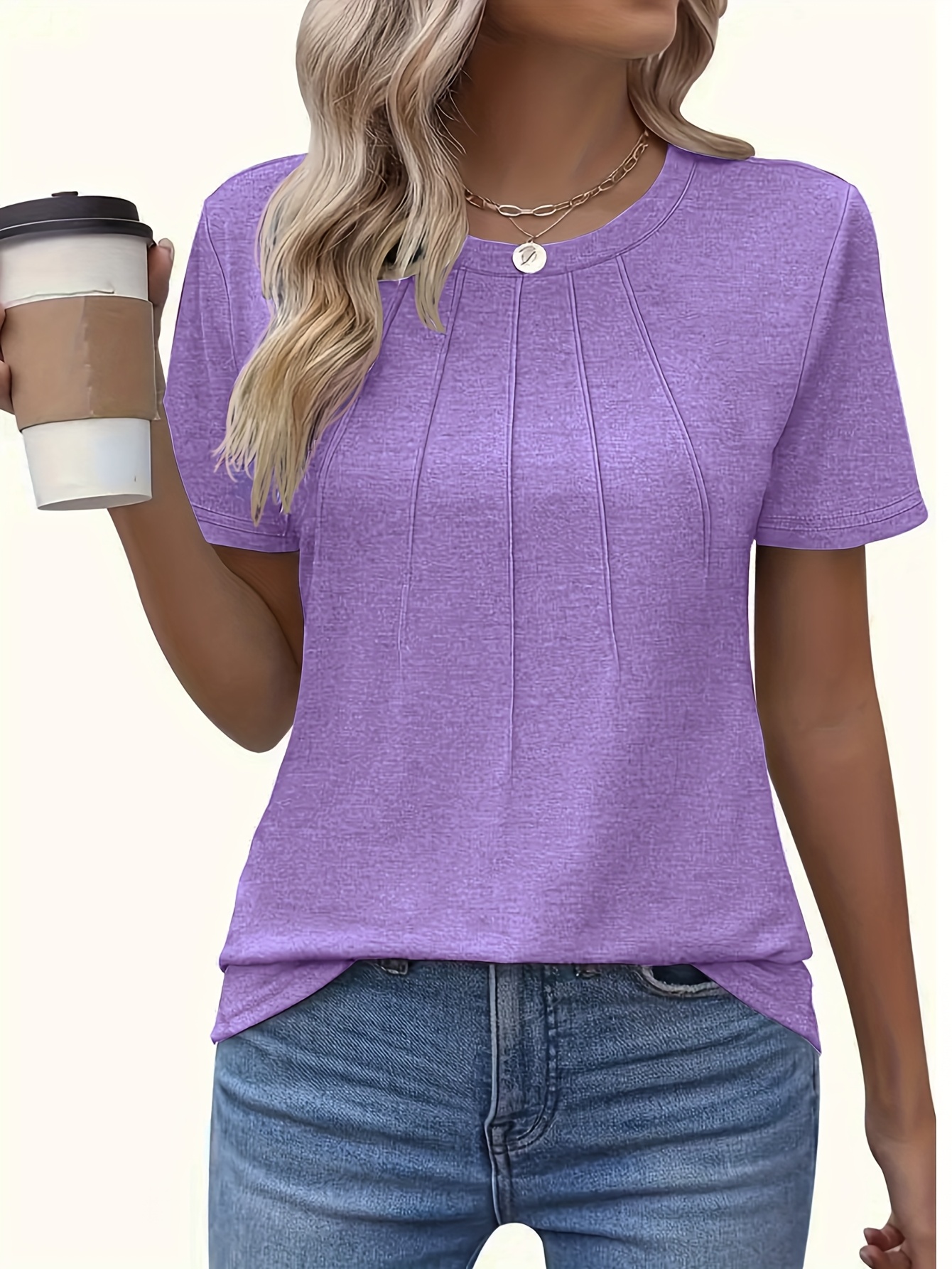 Women'S Casual Summer T-Shirt - Solid Color, Round Neck, Short Sleeve, Comfortable Loose Fit, Dark Blue, Polyester Blend, Machine Washable, Casual Summer Wear | Round Neck Tshirt | Texture