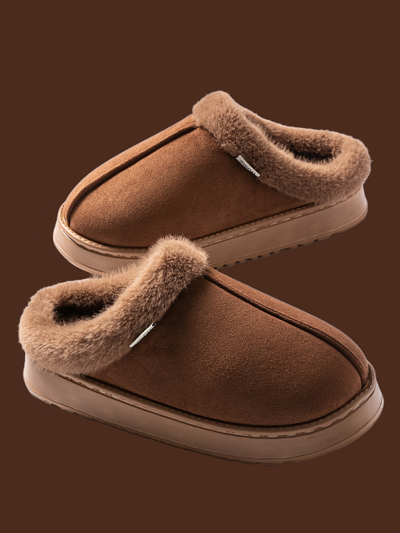1 par de pantuflas de felpa acogedoras para hombre,   gruesa antideslizante de felpa   de invierno, calzado casual de moda de color   para interiores/exteriores, estilo minimalista, punta redonda, parte    ,   de eva, forro y plantilla de tela. detalles 2