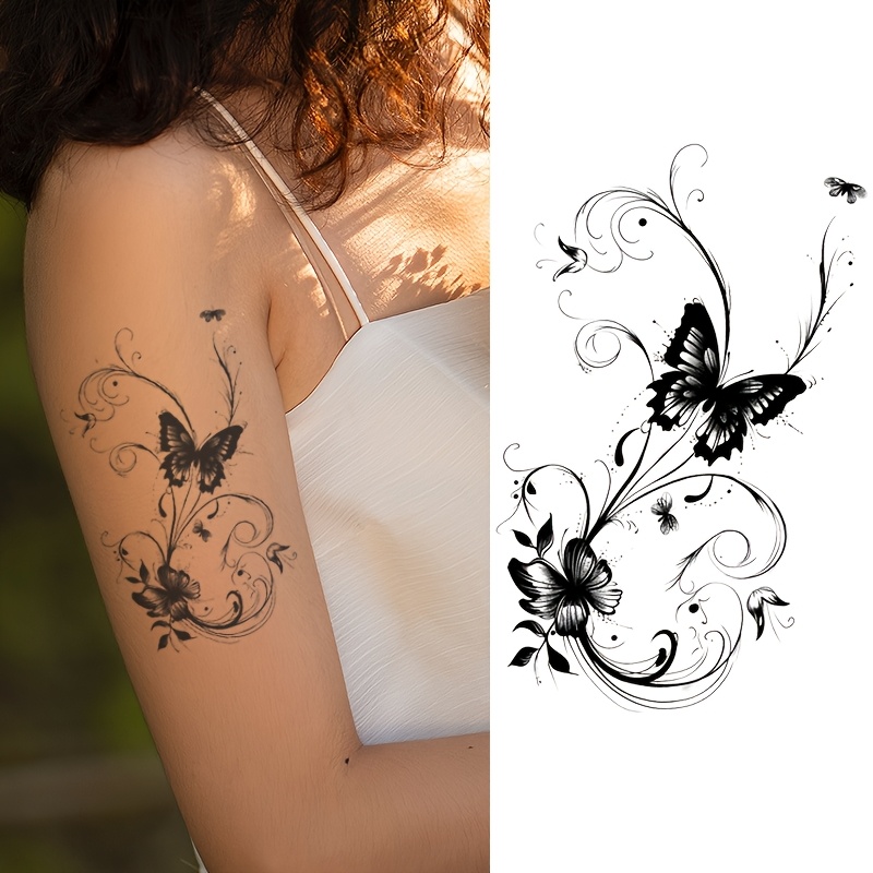 Ink-wash Style , Herbal Temporary Fake Tattoo Sticker, Waterproof, Long-lasting, Non-reflective Women's Realistic Tattoo, Suitable For Back And