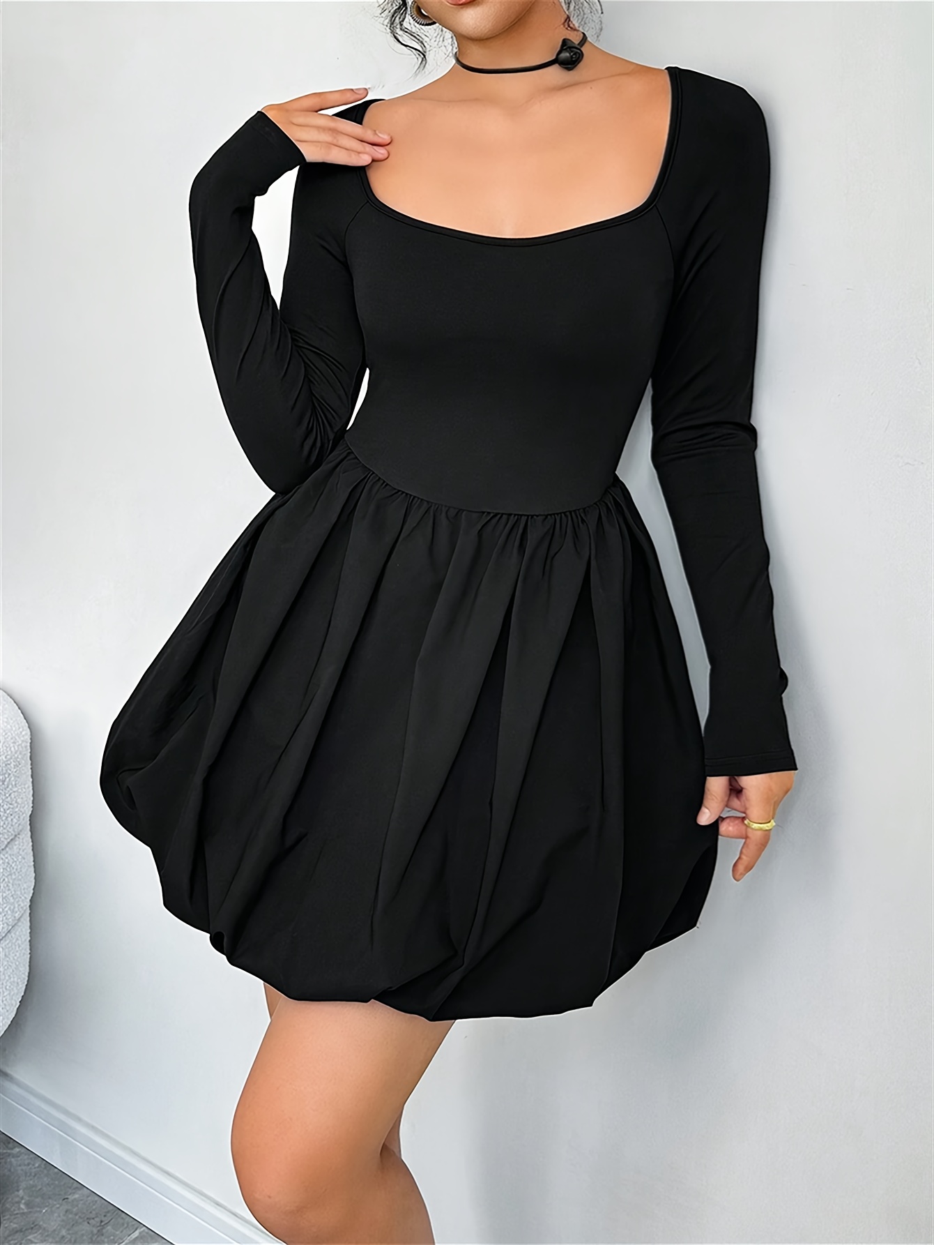 women's elegant square neck flared mini dress solid color Temu