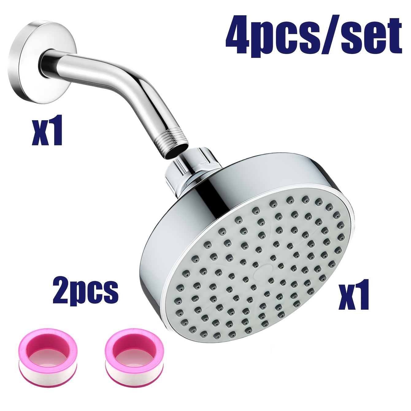 TEMU 10.16cm/4in X 8.25cm/3.25in Shower Head+ 15cm/5.9in Shower Arm, Random-colored Teflon Waterproof Tapes. 4pcs High-pressure 4-inch Black Shower