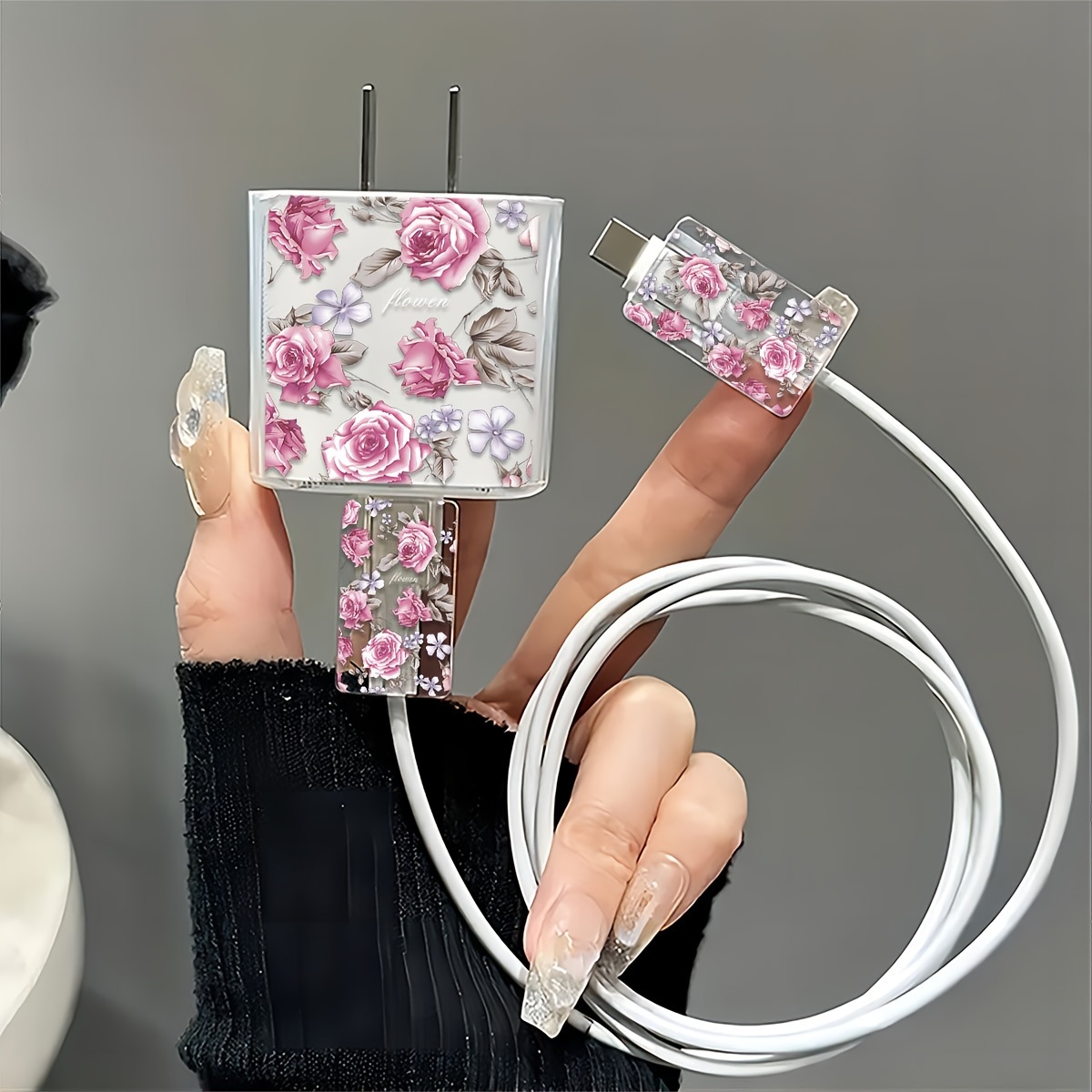 

3-piece Rose Pattern Transparent Charger Protector Set For Iphone 18w/20w, Includes Cable & Cord Covers - Perfect Gift