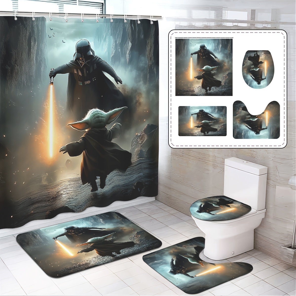 

Jit 1/3/4pcs Yoda Classic Animation Shower Curtain Set Bathroom Floor Mat Set Shower Curtain, Floor Mat, Toilet Seat Mat Christmas Decorations Christmas Gifts