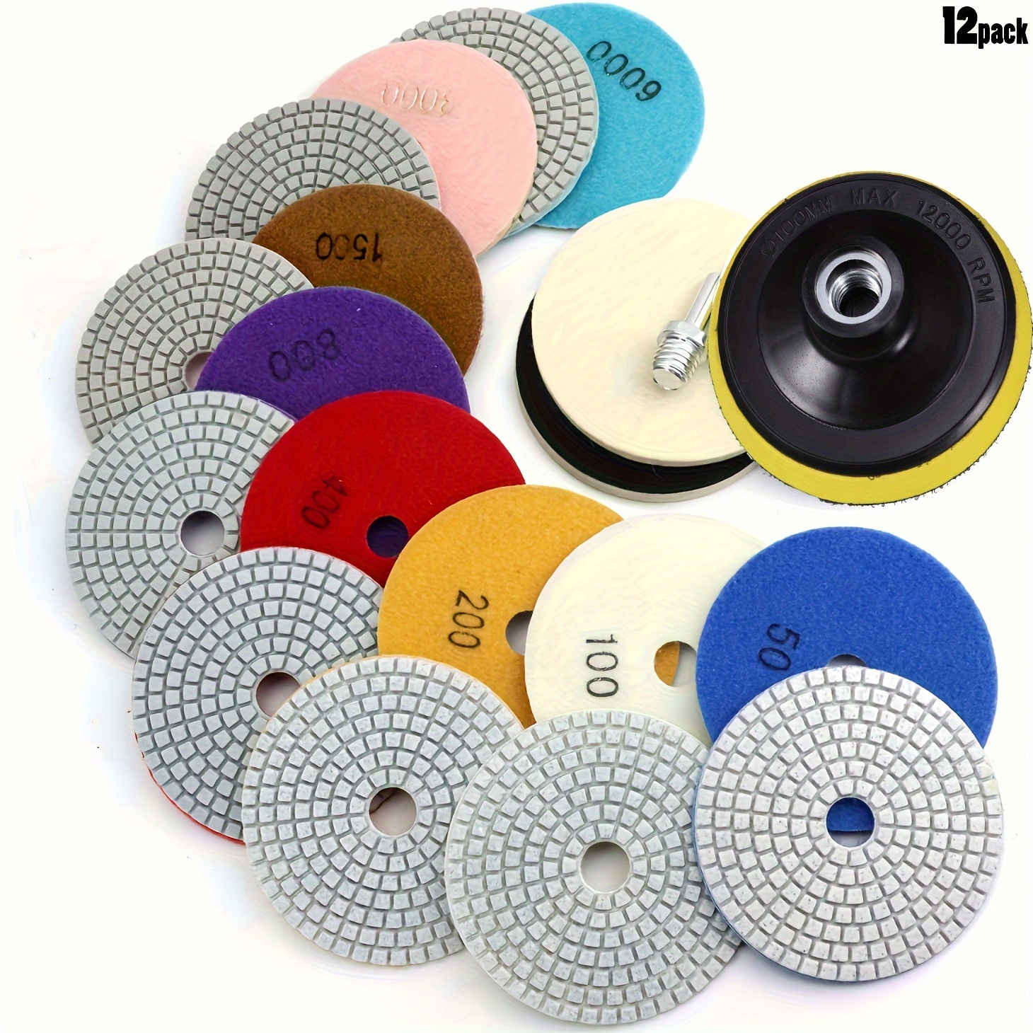 

4 Inch Diamond Polishing Disc, 12pcs Wet/dry 50-6000 Grit, Suitable For Drill, Grinder, Polishing Machine - Suitable For Concrete, Marble, Stone, Countertop, Quartz