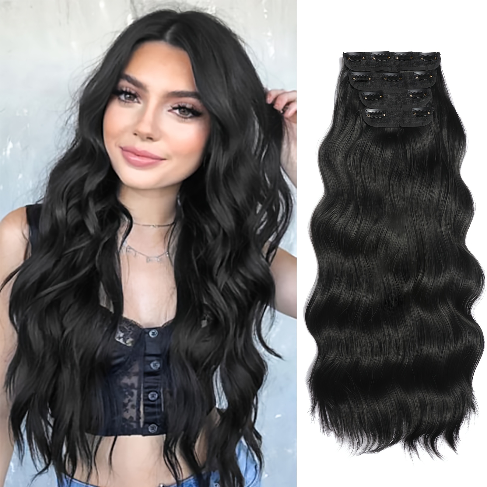 Image of 4pcs Clip-in Hair Extensions, 24-inch Hair Pieces For Women, Full Shine Clip-in Hair Extensions For Women