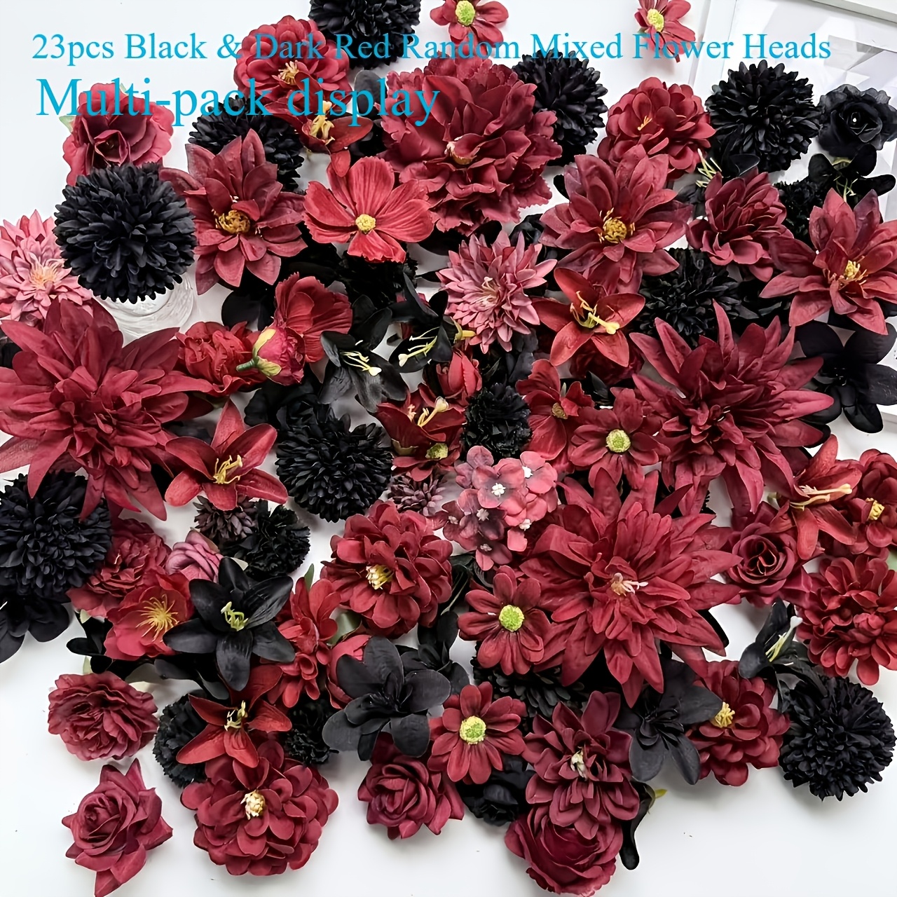 TEMU 23pcs Black And Dark Red Mixed Artificial Flower Heads, Random Assorted Styles, Size 3cm-14cm, Crafts For Home Decor, Halloween, Wedding, Floral