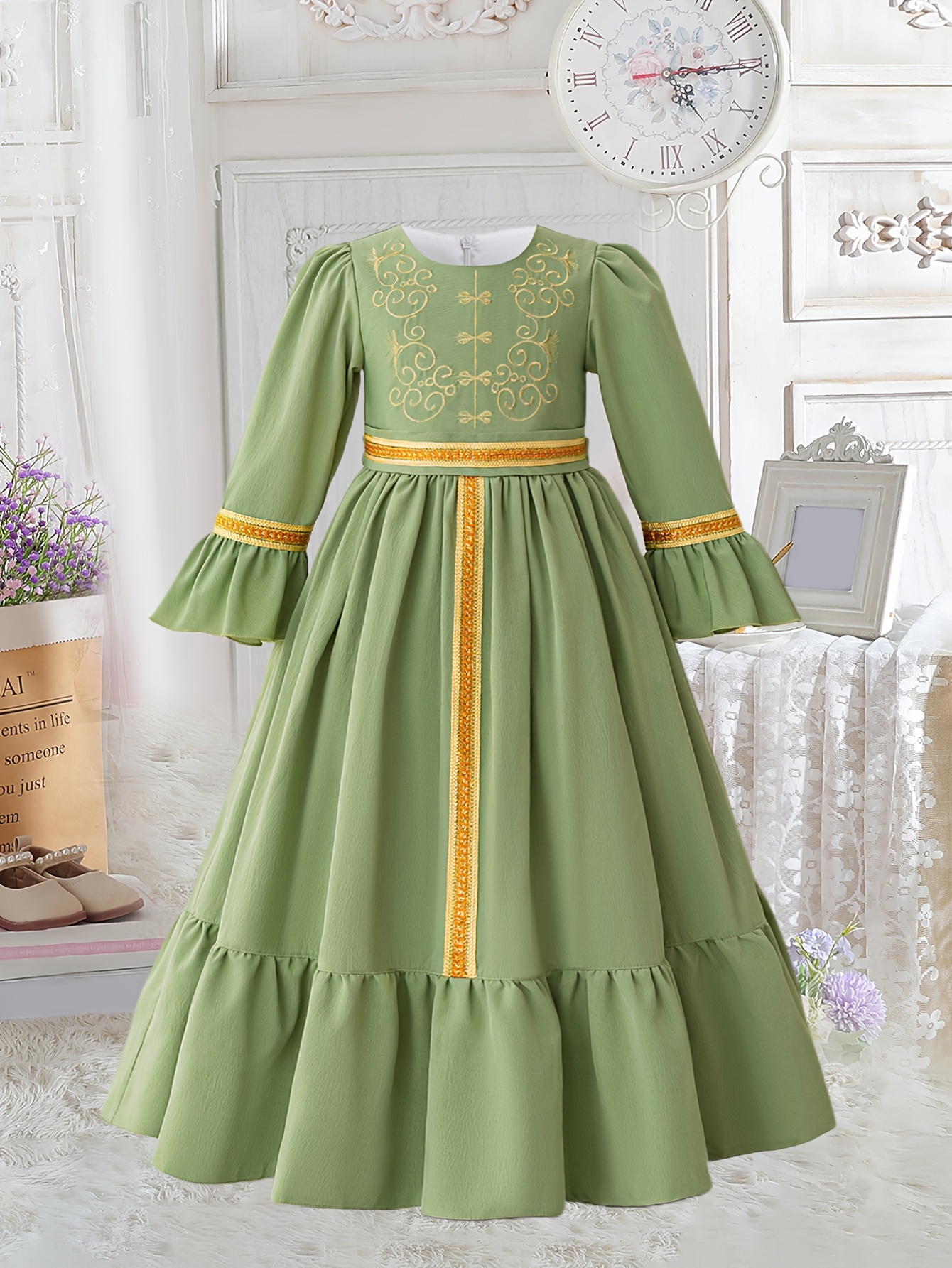 1pz Vestido Árabe Elegante para Niñas con Bordado Floral y Dorado  Vestido de con Largas y Volantes para Eid al-Fitr, Actuacione