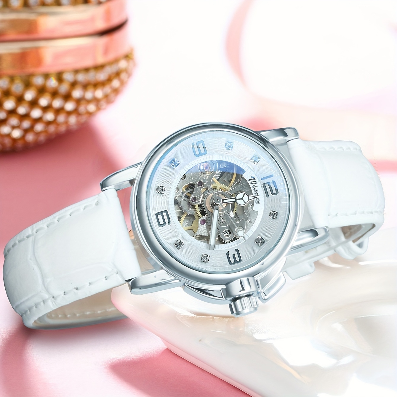 1pc t   womens luxury skeleton automatic mechanical watch elegant luminous hands stainless     leather strap business casual wristwatch with box date display quartz movement elegant watch skeleton watch automatic mechanical watch details 3