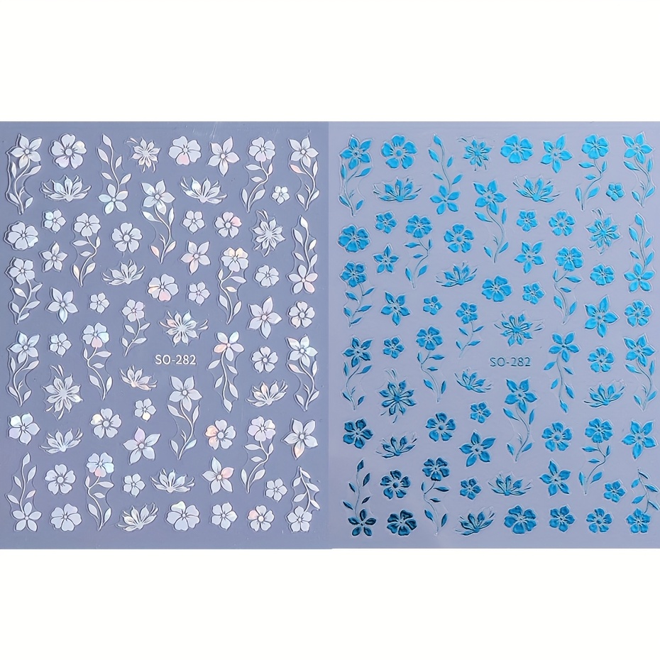 Image of 2 Sheets Of Spring/summer Floral Nail Stickers - White And Cherry Nail Decals - Nail Art Decorations - Easy To Apply - Suitable For Nail Design - So-282 White And Blue