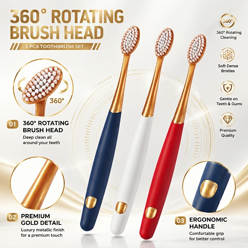 3pcs Rotating Head Manual Toothbrush Set with Gold-Tone Handle