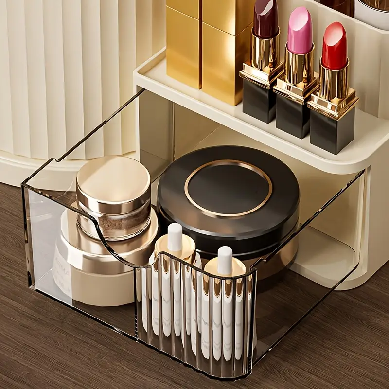 360 rotating makeup organizer with brush holder drawer makeup vanity organizer with brush storage lipstick office stationery space saving countertop organizer no power needed elegant bathroom desk durable plastic construction bathroom storage polished home organizers Product details 7