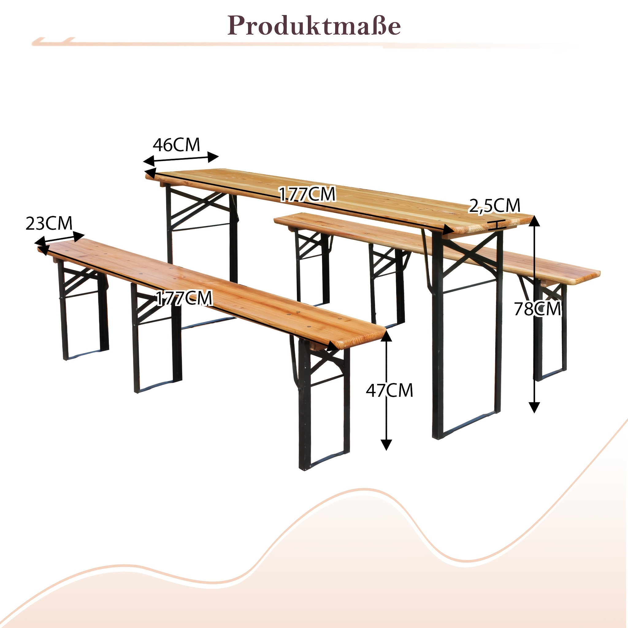 Space- Foldable Beer Table Set Including 1 Folding Table & 2 Beer Benches, Weatherproof, Load Capacity 200kg, Solid Beer Table Set For Festival Tent Garden