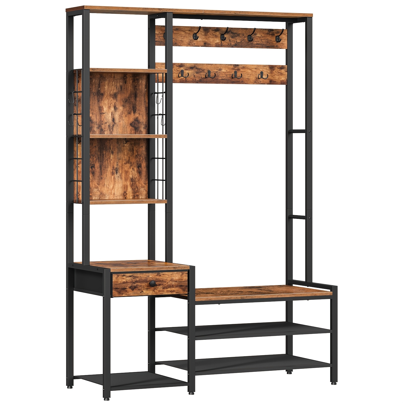 Image of Large Clothing Rack, Garment Storage Rack, 9 Fixed Hooks + 6 Movable S Hooks, With Shoe Rack And Drawers, With Shoe Bench, Perfect For Entryway, Hall, , Enhancing Space Storage Effect