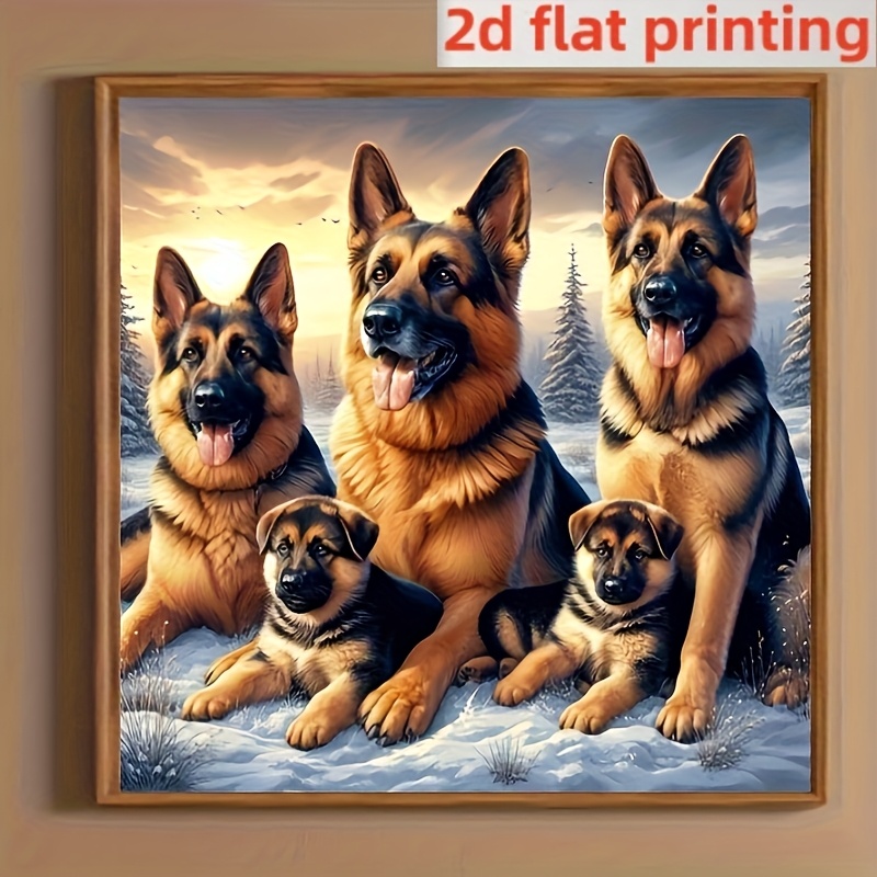 Image of 1 Diy 5d Diamond Painting Kit - 40x40cm, German Shepherd Family In Snowy Landscape, Round Acrylic Diamonds, Wall Decor & Frameless Gift Idea