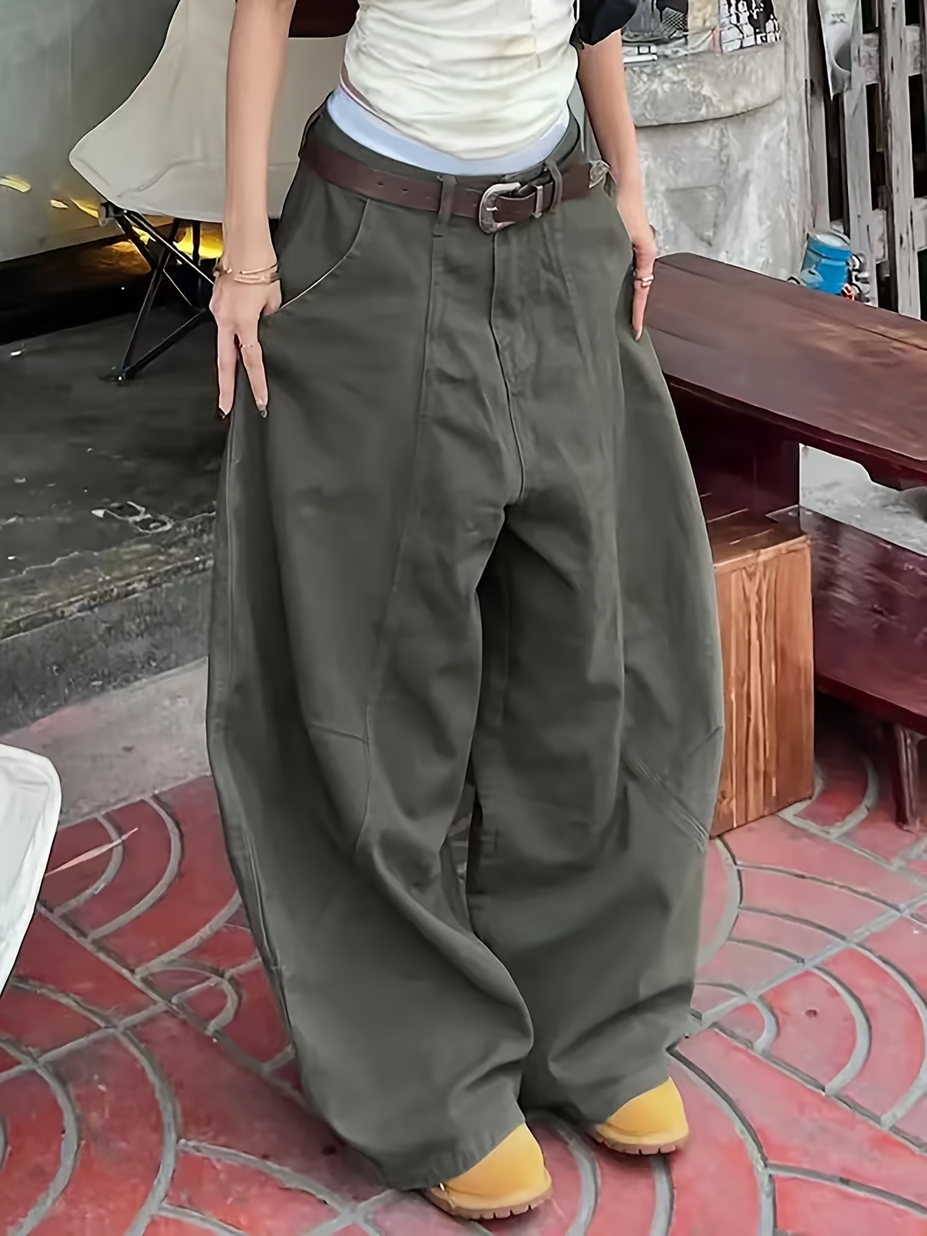 품목 사진 25aw+y2k 빈티지 다크 그린 멀티 컬러 청바지, 스트리트 스타일 루즈핏