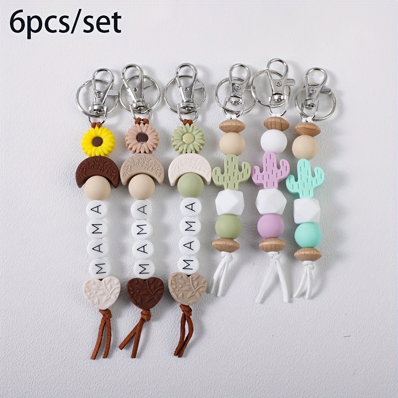 TEMU 6pcs/set Western Style Silicone Cactus Letter Keychain With Heart-shaped And Floral Print Design, Women's Fashion Accessories, Key Pendant, Holiday Gift
