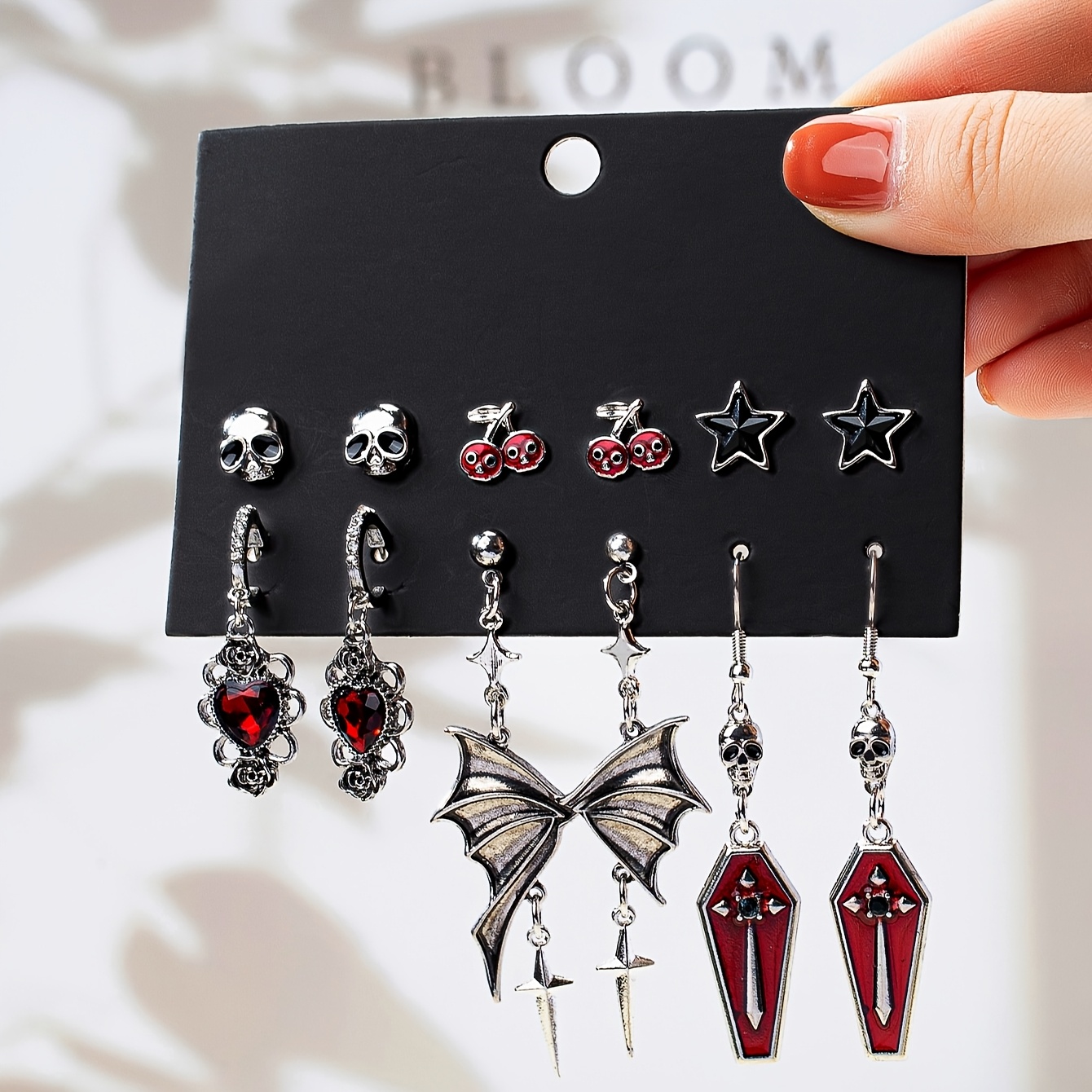 6 Pairs Of Gothic Skull Cherry Rose Bat Wing Coffin Halloween Earring Set