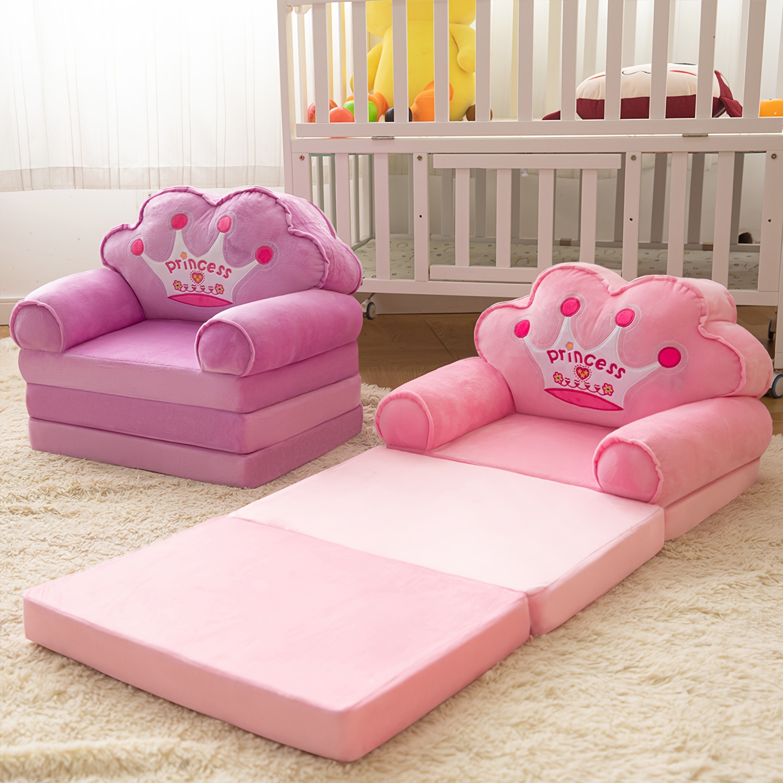 Kids Sofa Princess Crown Pink - 2-in-1 Flip Open Kids Couch & Lounger | Machine Washable Plush Cover & Certified Safe Foam | Dreamy Reading Nook Chair For Girls
