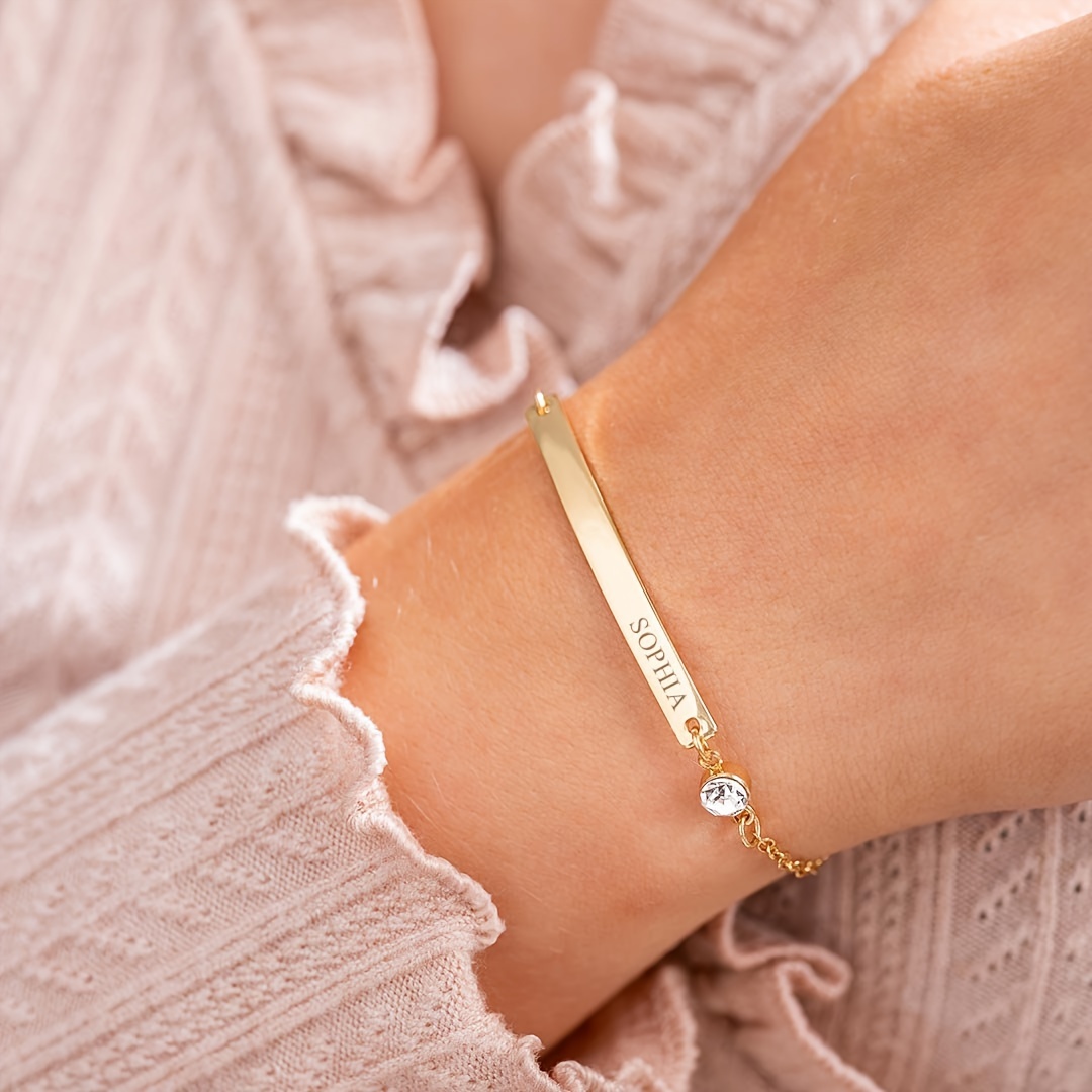 

Elegant 18k Golden Plated Personalized Birthstone Bracelet With Name Engraving, Stainless Steel Adjustable Bar Bracelet, Ideal For And Gift-, Valentine's Day And All