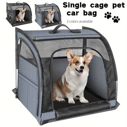 item picture cat and dog car tent multi functional mesh transport aviation box roll up curtain pocket side opening zipper cute footprint portable suitable for pets weighing up to 15 car outing hand held travel indoor christmas gift