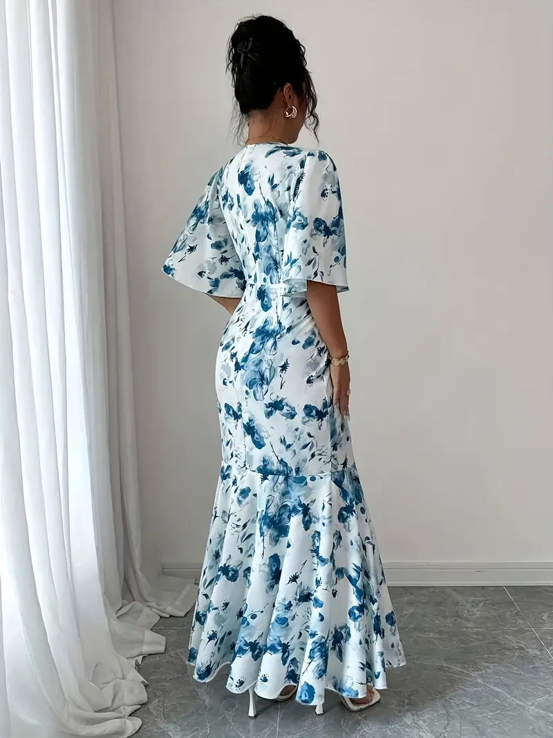 womens elegant floral maxi dress formal semi formal event gown with cross neckline flowy wedding party outfit in blue floral print machine washable non stretch fabric for women Product details 1