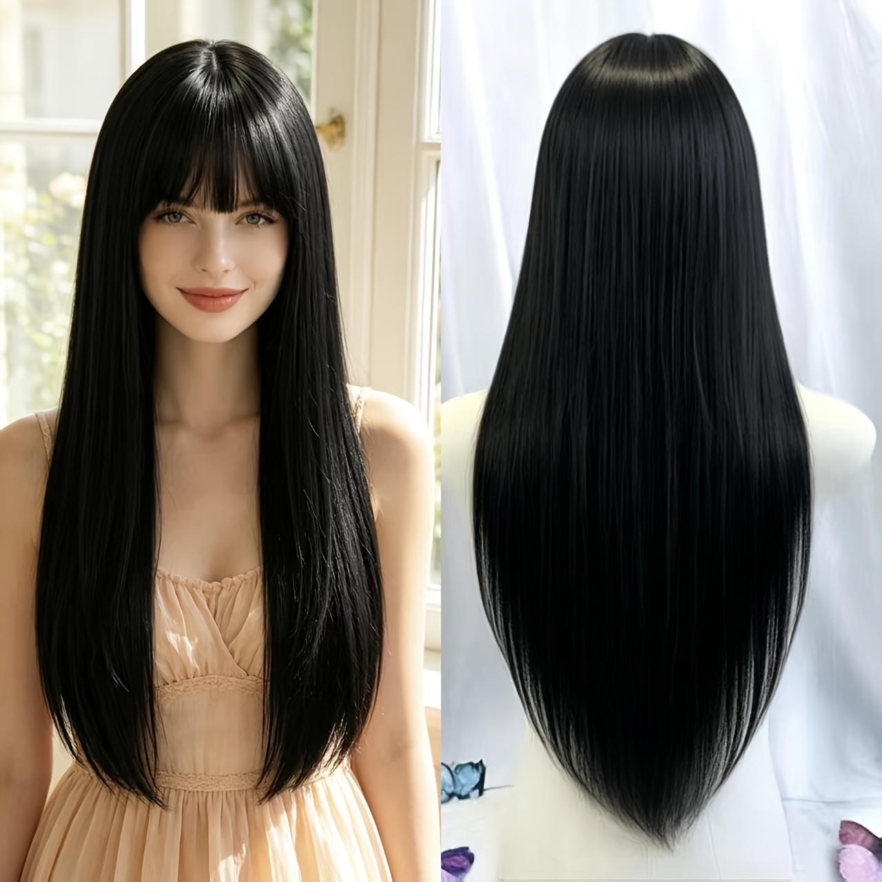 TEMU Women's -looking Wig With Air Bangs - Straight Synthetic Hair Suitable For Daily Use, Parties & Holidays | -resistant Fiber, Base For | &
